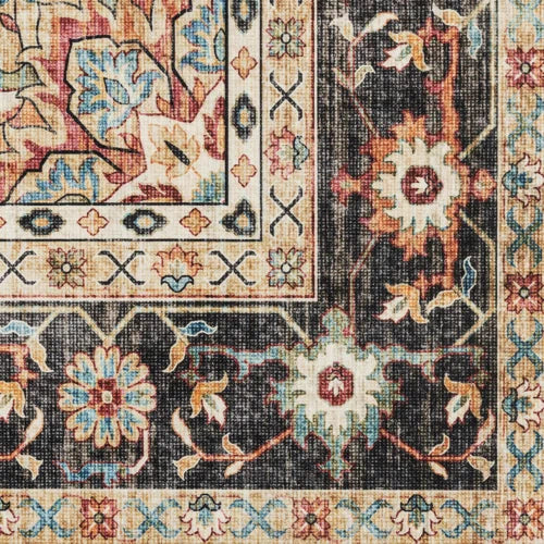 Crystal Print Tiefi Black Beige Multi Traditional Medallion Washable Flat Pile Indoor Area Rug
