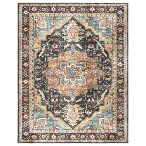 Crystal Print Tiefi Black Beige Multi Traditional Medallion Washable Flat Pile Indoor Area Rug