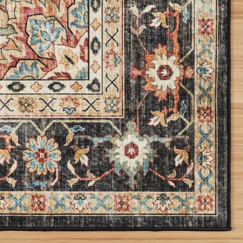 Crystal Print Tiefi Black Beige Multi Traditional Medallion Washable Flat Pile Indoor Area Rug