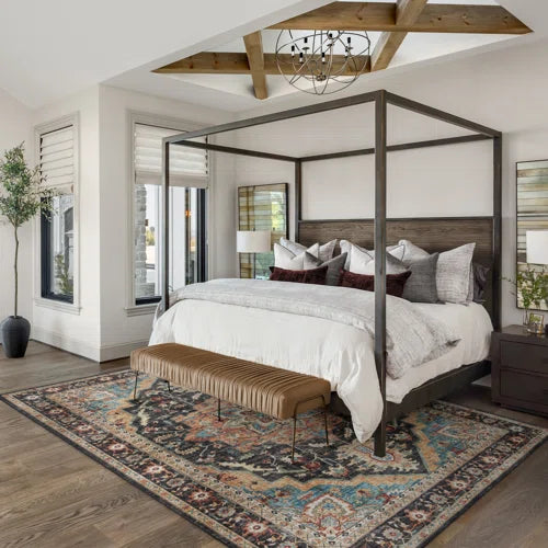 Crystal Print Tiefi Black Beige Multi Traditional Medallion Washable Flat Pile Indoor Area Rug
