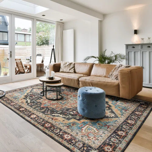 Crystal Print Tiefi Black Beige Multi Traditional Medallion Washable Flat Pile Indoor Area Rug