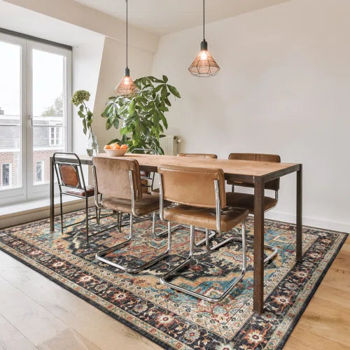 Crystal Print Tiefi Black Beige Multi Traditional Medallion Washable Flat Pile Indoor Area Rug